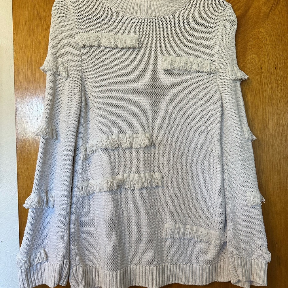 Asymmetrical Fringe Detail Cream Sweater